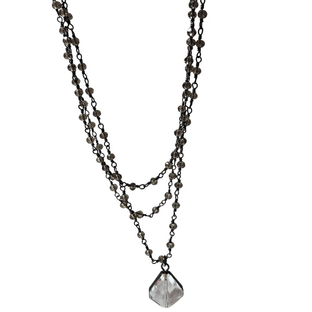 Elegant Layered Crystal Pendant Necklace Smoky Beads Silver Chain Jewelry Women